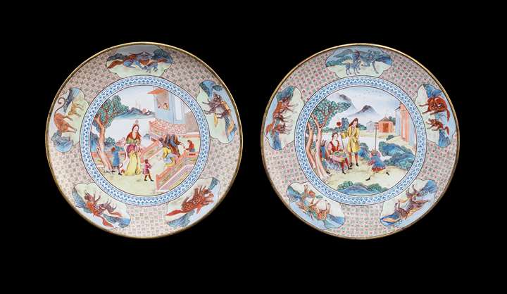 Pair of Painted Enamel on Copper large saucer dishes, with European subject